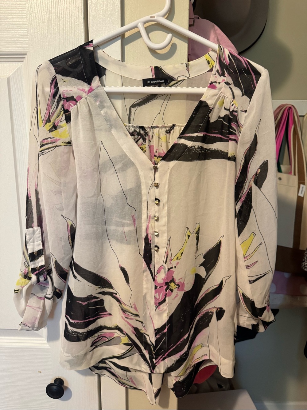 le chateau Cream Floral V-Neck Blouse with Pink & Black Accents